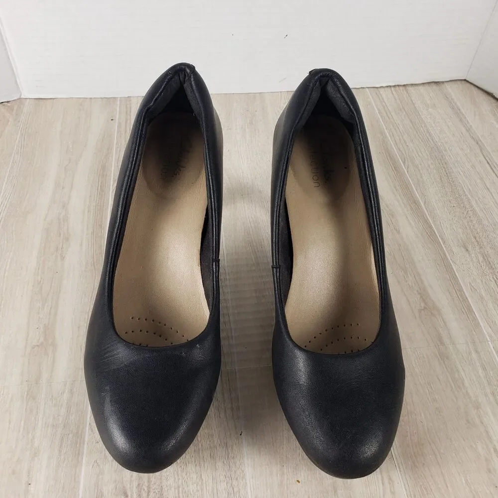CLARKS AMBYR JOY BLACK LEATHER SLIP ONS DRESS SHOES HEELS PUMPS WOMENS SZ 7.5